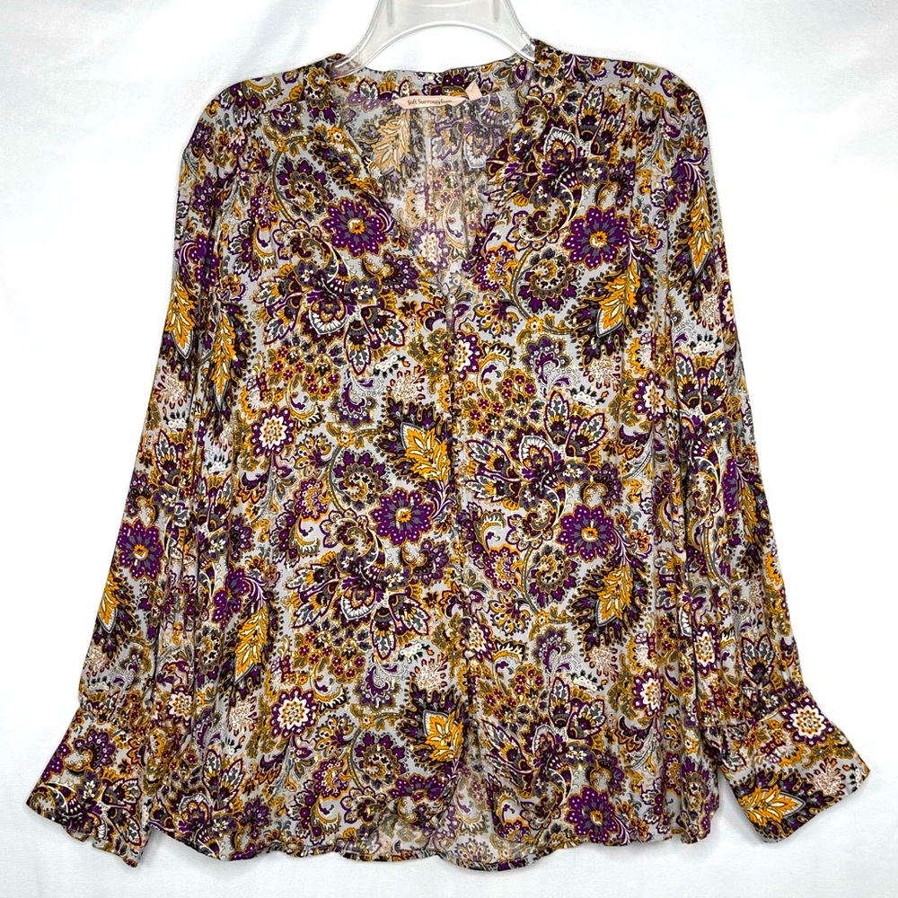 Soft Surroundings Blouse‎ Purple Paisley Floral Gold Metallic Floral Boho Sz XL - Picture 2 of 11
